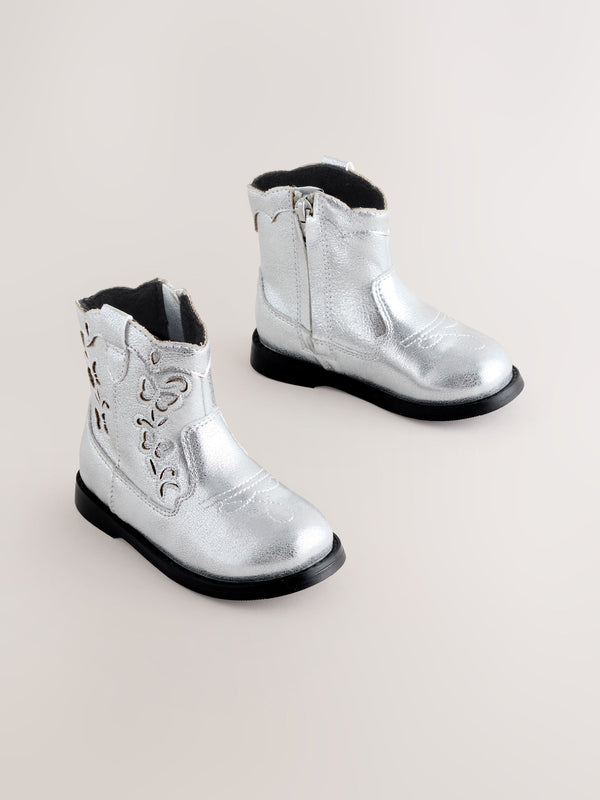 Silver Metallic Western Cowboy Ankle Boots