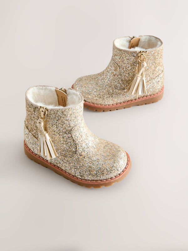 Gold Glitter Wide Fit (G) Chelsea Zip Tassel Ankle Boots