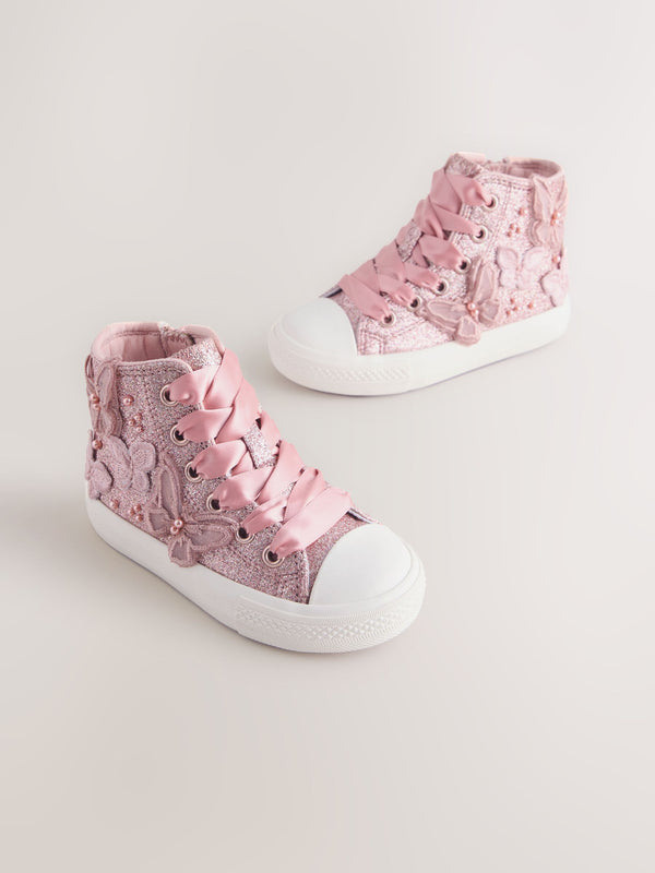 Pink Glitter Butterfly Lace-Up High Top Trainers