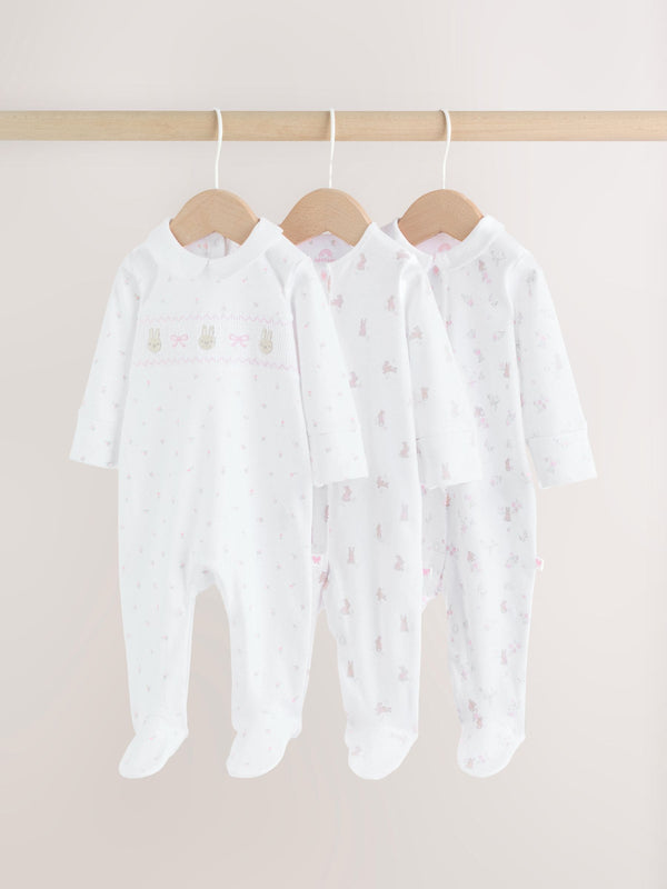 White/Pink Collar 3 Pack Baby Sleepsuits