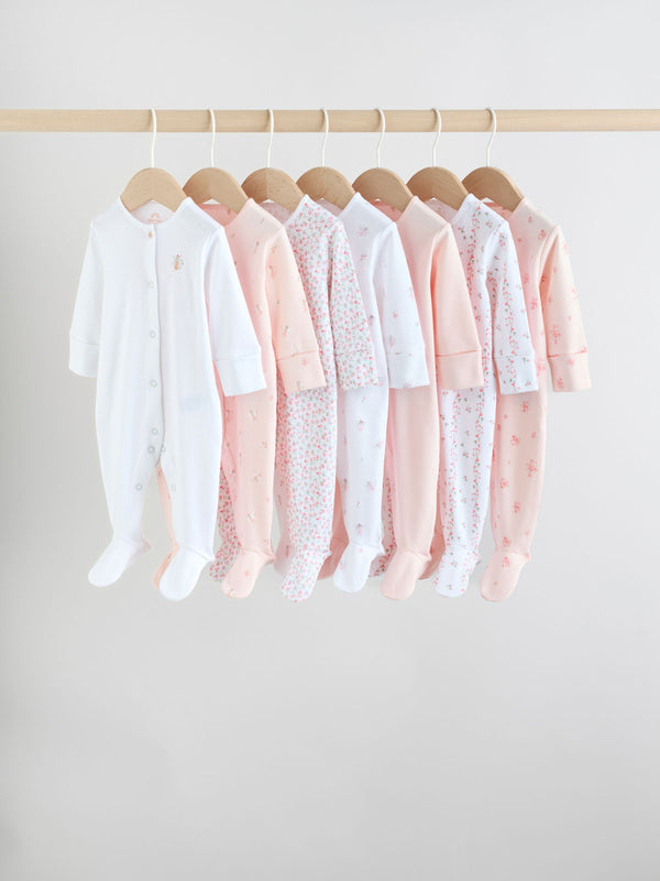 White/Pink 7 Pack Baby Sleepsuit (0-2yrs)
