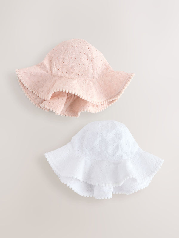 Pink and White Broderie 2pk Baby Bucket Hat (0mths-2yrs)