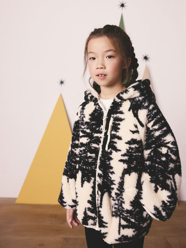 Black/Cream Tree Print Matching Family Hooded Zip Borg Fleece Jacket (3-16yrs)
