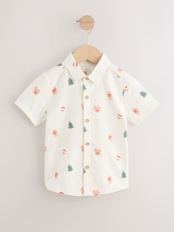Ecru Short Sleeve Christmas Character Shirt (3mths-10yrs)