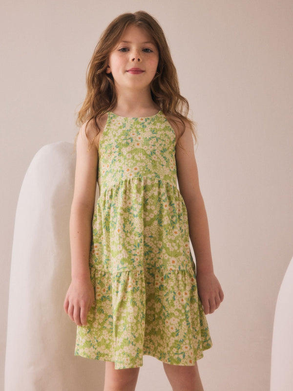Light Green Flower Print Strappy Crinkle Summer Dress (3-16yrs)