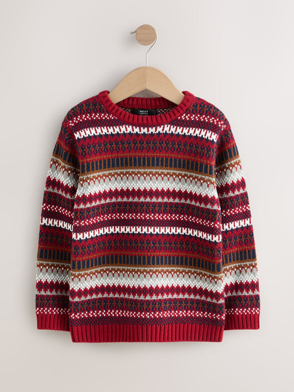 Burgundy Red Fairisle Pattern Knitted Crew Neck Jumper (3-16yrs)