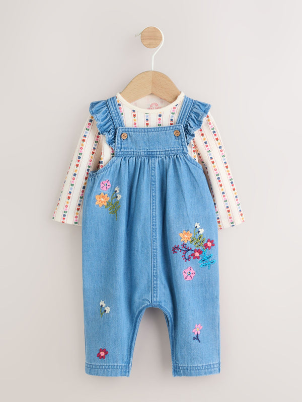 Embroidered Denim Baby Dungarees and Long Sleeve Bodysuit Set 2 Piece (0mths-3yrs)