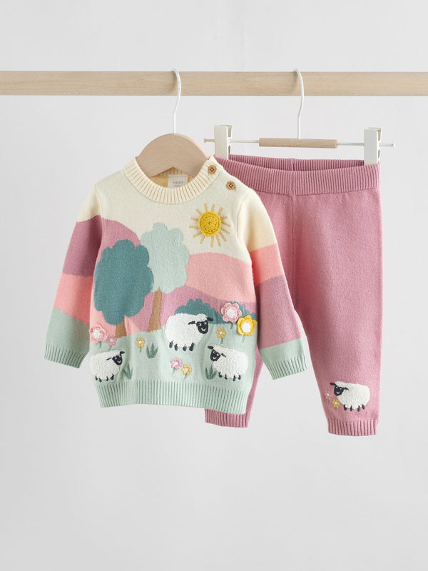 Pink Sheep Scene Baby Knitted Jumper and Leggings Set 2 Piece (0mths-2yrs)