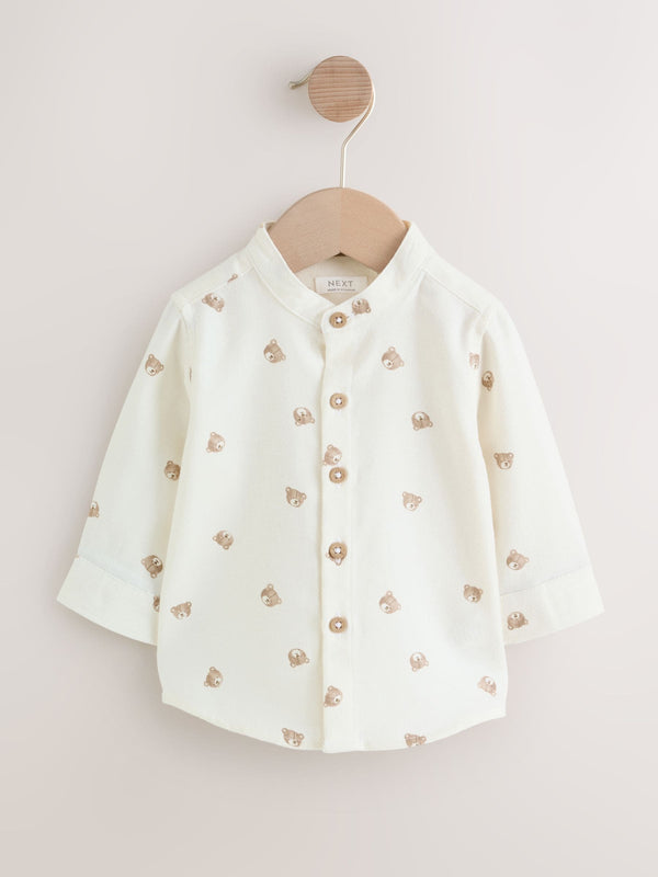 Ecru Bear Long Sleeve Grandad Collar All-Over Print Character Shirt (3mths-7yrs)