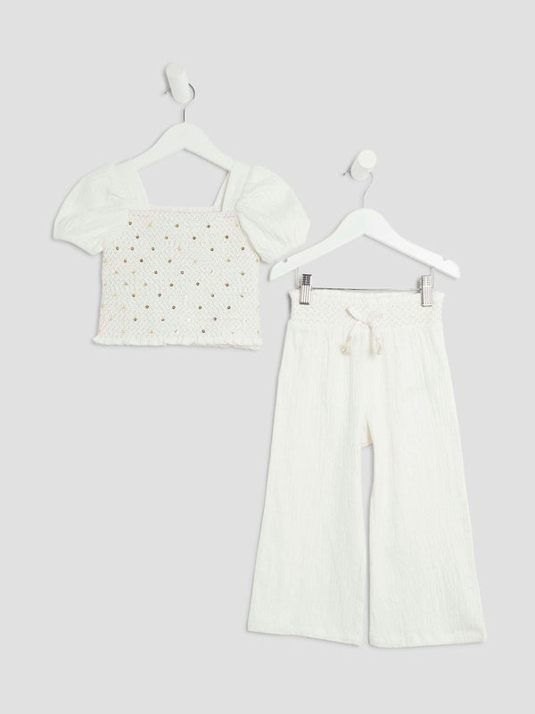 River Island White Sequin Top and Trousers Set