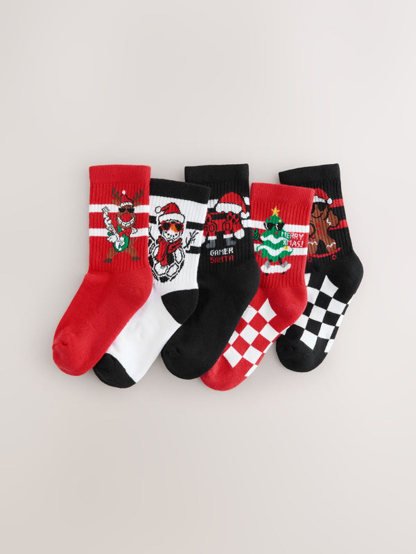 Red/Black Christmas Cotton Rich Socks 5 Pack