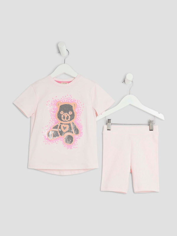 River Island Pink Sequin Bear Shorts Set