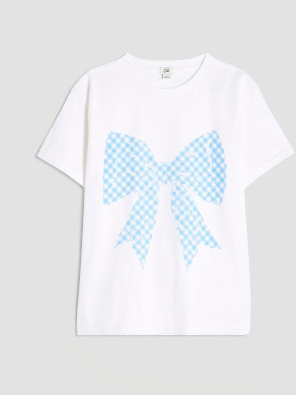 River Island White Gingham Bow T-Shirt