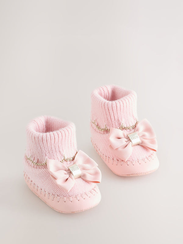 Baby Girls Scallop Edge Knitted Padders Booties with Bow