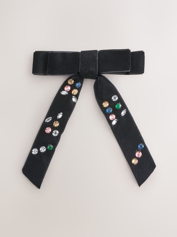 Black Black Velvet Bow Clip With Gems