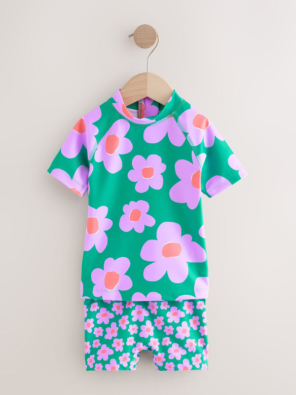 Green Stampy Floal Short Sleeved Sunsafe Swim Set (3mths-10yrs)