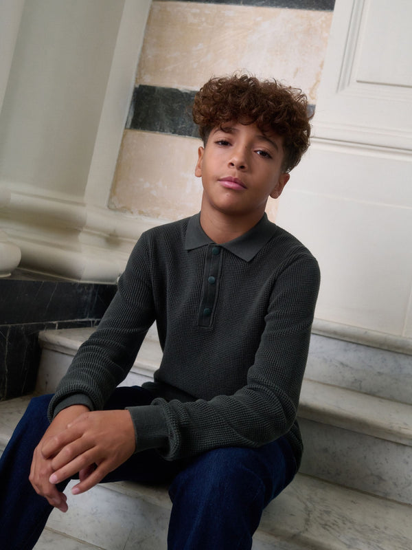 Dark Green Long Sleeve Textured Polo Shirt (3-16yrs)