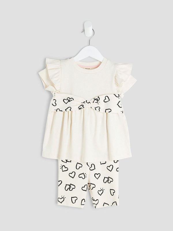 River Island Cream Heart Bow Rib Top Set