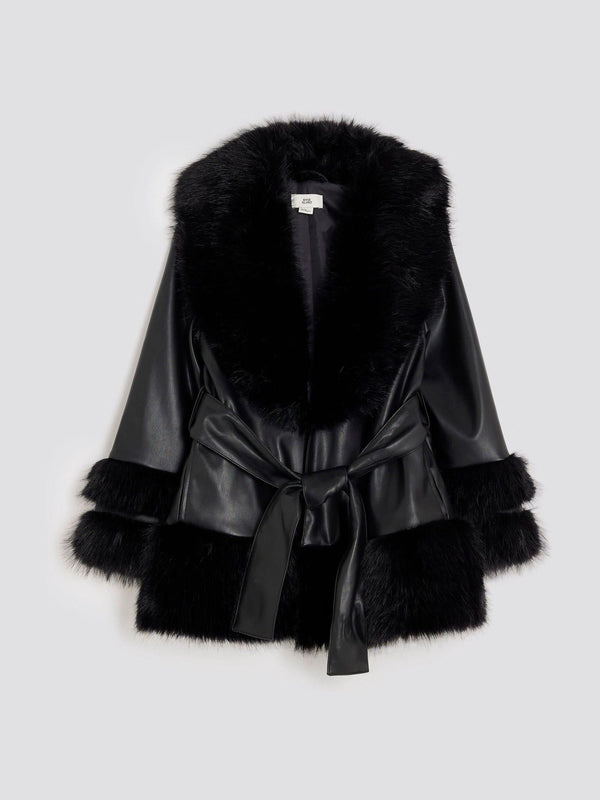 River Island Black Faux Leather Fur Wrap Coat