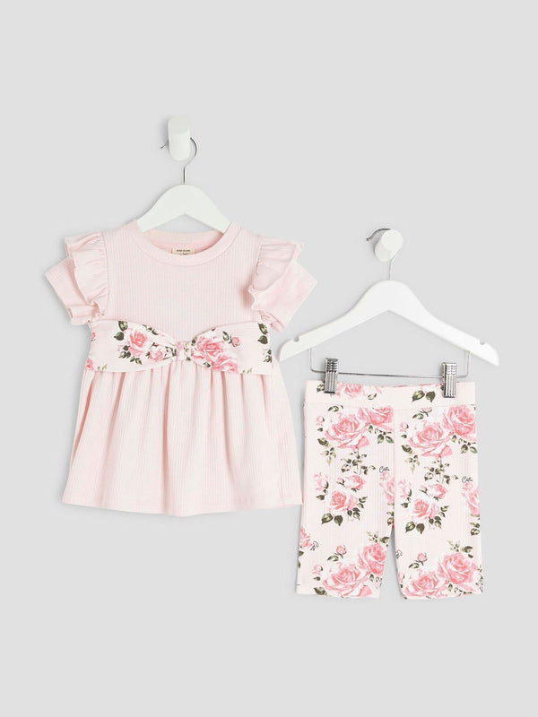 River Island Pink Heart Bow Rib Top Set