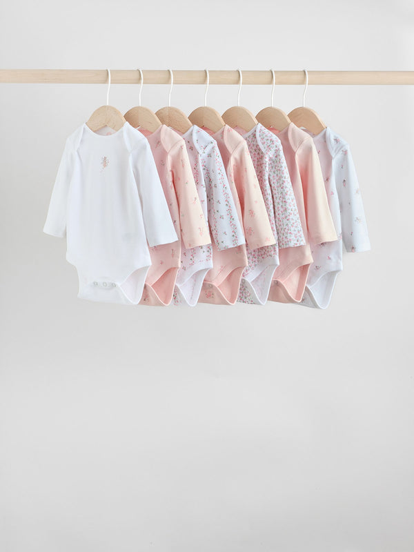 Pink 7 Pack Long Sleeve Baby Bodysuit