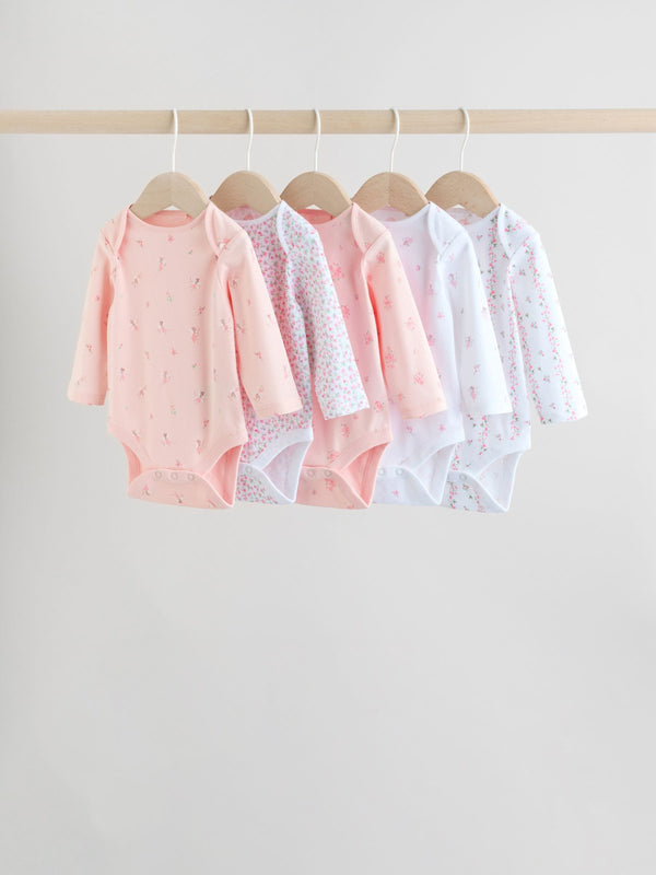 Pink 5 Pack Long Sleeve Baby Bodysuit