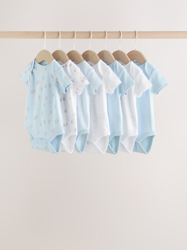Blue 7 Pack Short Sleeve Baby Bear Bodysuit