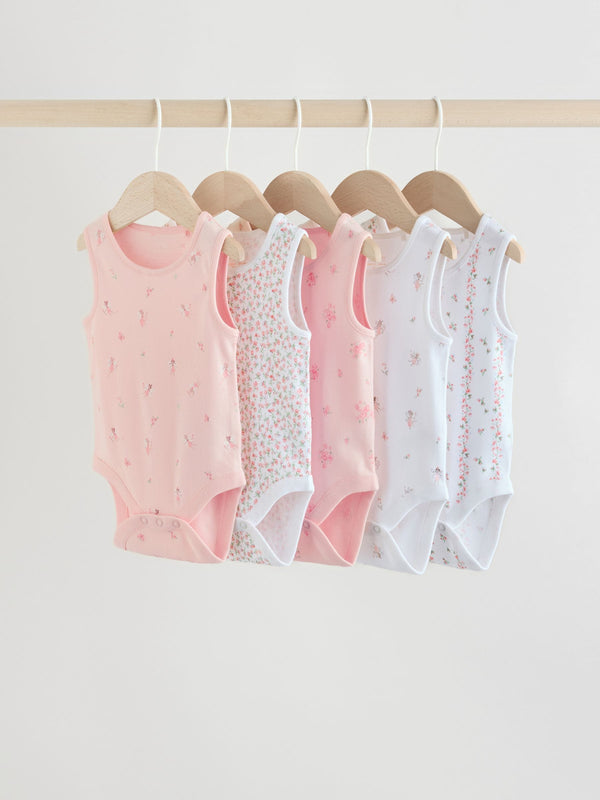 White/Pink 5 Pack Vest Baby Bodysuits