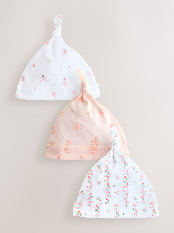 Pink/White Tie Top Baby Beanies 3 Pack (0-12mths)