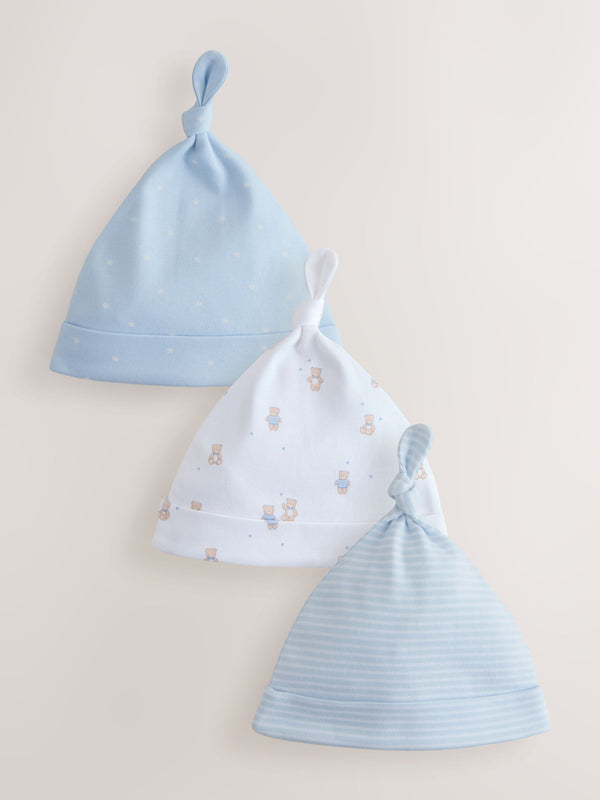 Blue Tie Top Baby Hats 3 Pack (0-12mths)
