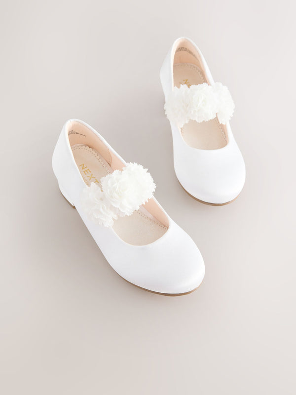 White Standard Fit (F) Girl Satin Flower Occasion Mary Jane Shoes