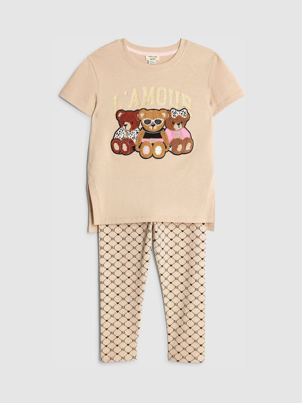 River Island Brown Girls Bear Graffiti Leggings Set