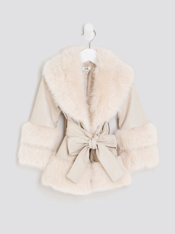 River Island Cream Girls Faux Leather Fur Wrap Coat
