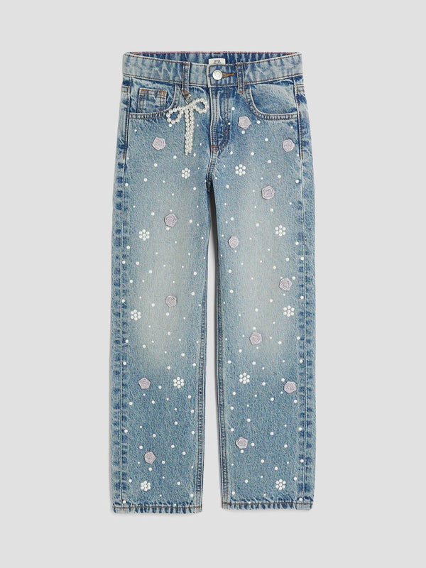 River Island Blue Girls Pearl Flower Print Straight Jeans