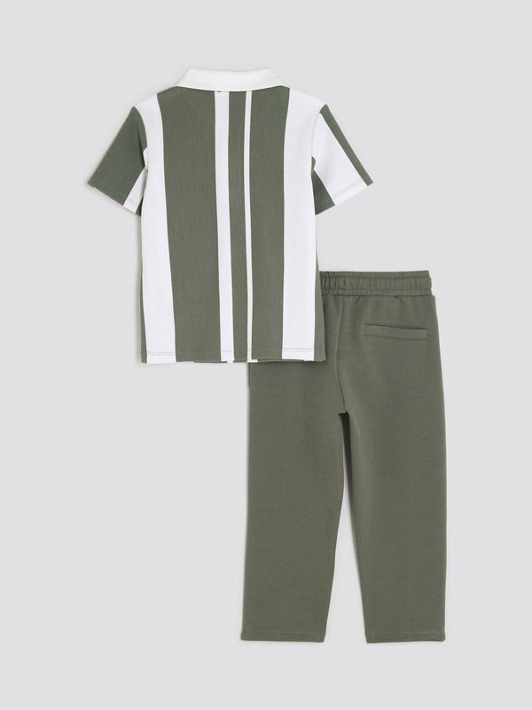 River Island Green Boys Stripe Polo Joggers Set