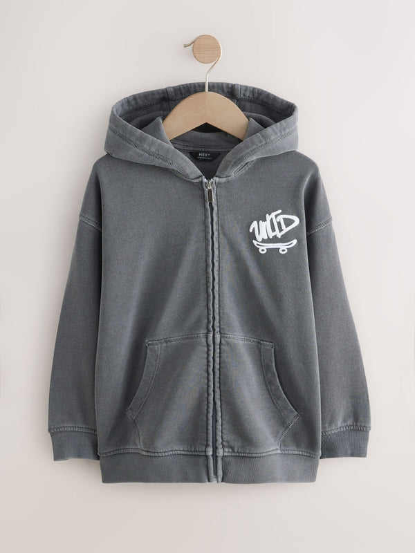 Charcoal Grey Printed Zip Through Hoodie (3-16yrs)