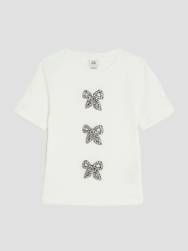 River Island Cream Girls Ribbed Bow T-Shirt