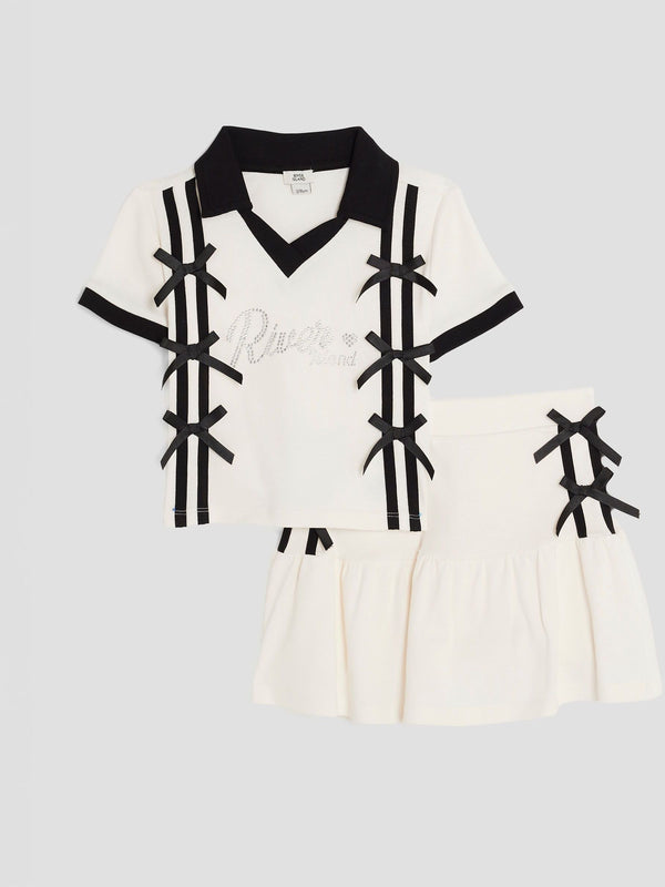 River Island Cream Girls Bow Polo Shirt and Skirt Set