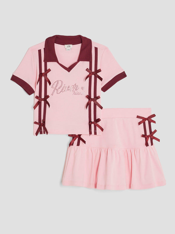 River Island Pink Girls Bow Polo Shirt and Skirt Set