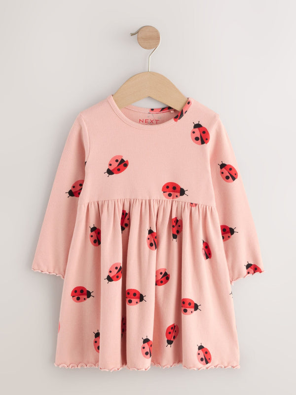 Pink Ladybird Long Sleeve Ribbed Dress (3mths-7yrs)