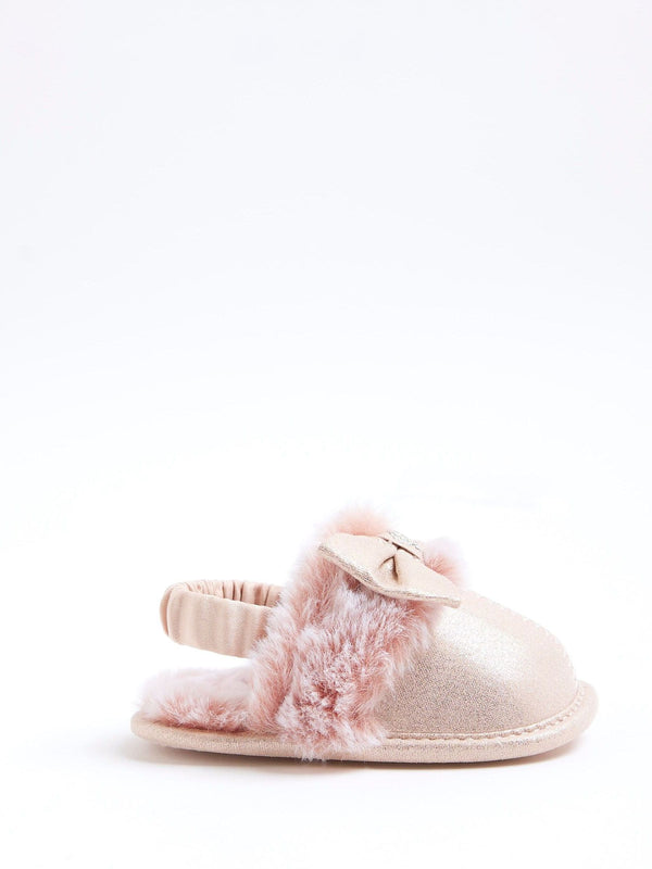 River Island Pink Fur Bow Glam Slippers