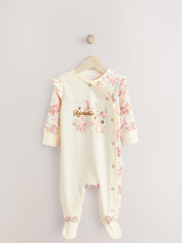 White Ground Baby Floral Print Ramadan 100% Cotton Sleepsuit