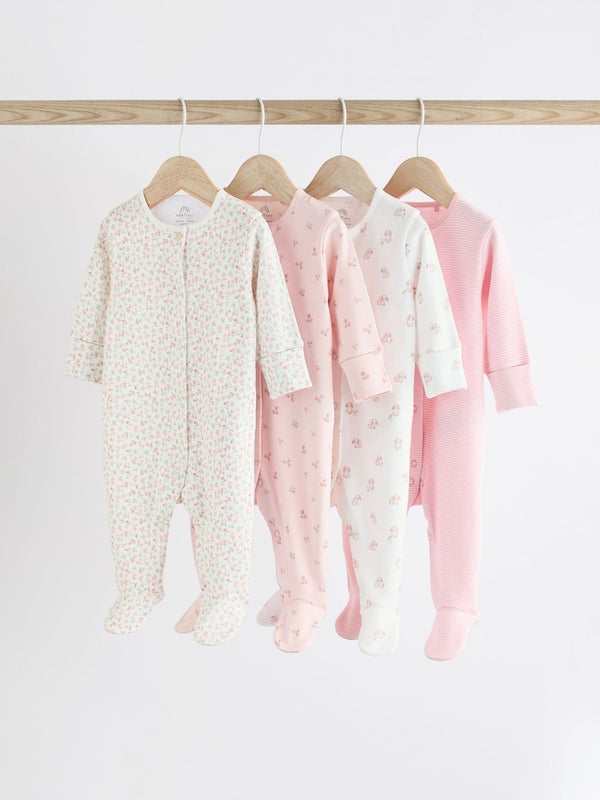 Pink 4 Pack Baby 100% Cotton Sleepsuits