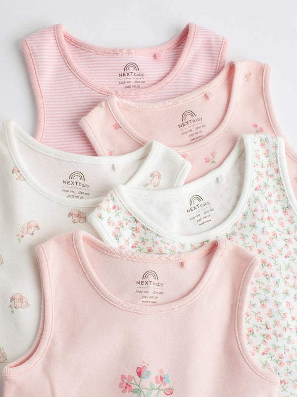 Pink Bunny Baby 100% Cotton Vests 5 Pack