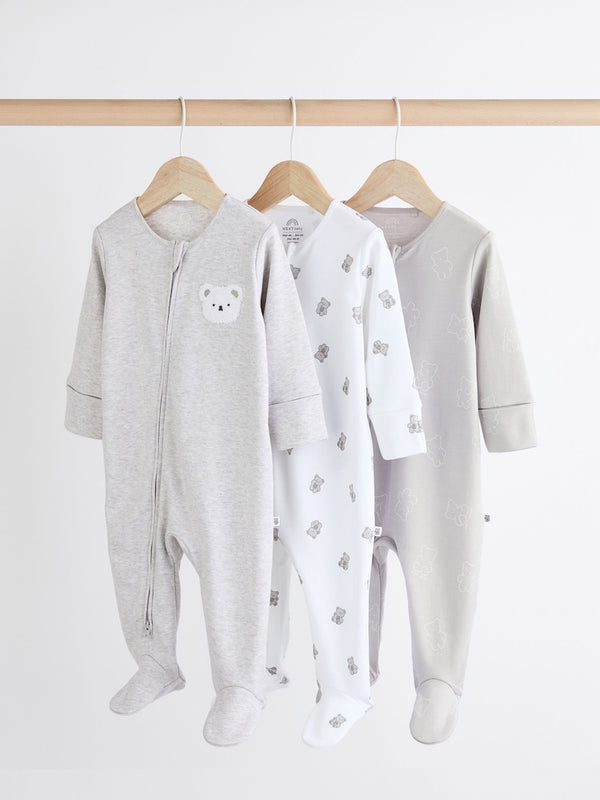 Grey Baby Two Way Zip 100% Cotton Sleepsuits 3 Pack immediate