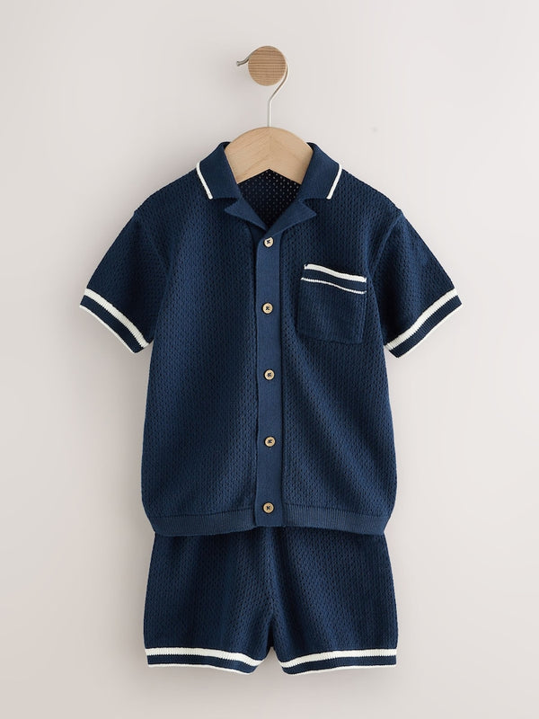 Navy Blue Textured Revere Collar Knitted Polo Shirt and Shorts Set immediate