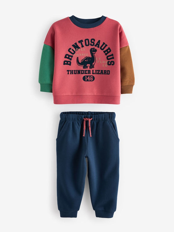 Red/Blue Dinosaur Printed Colourblock Sweatshirt and Joggers Set immediate