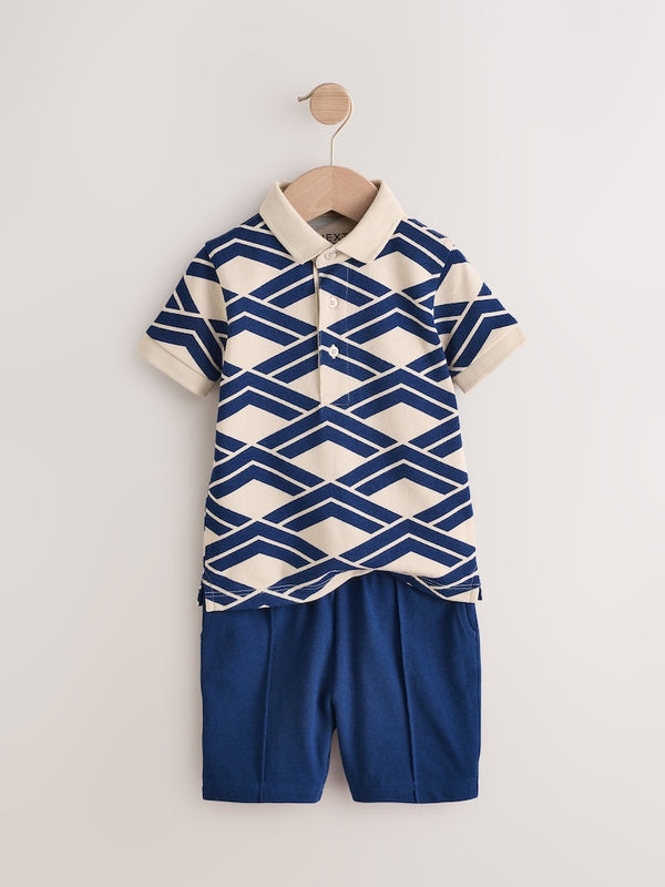 Blue Abstract Print Short Sleeve Polo Shirt And Shorts Set immediate