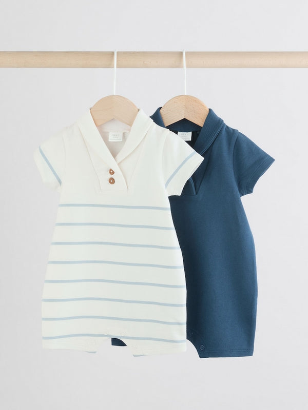 Blue/White Stripe Textured Baby Rompers 2 Pack(immediate)