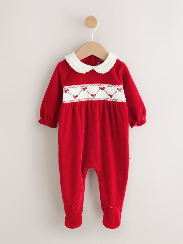 Red Bow Velour Baby Sleepsuit immediate